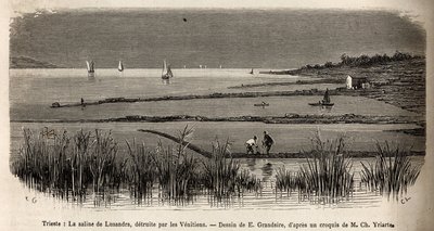 The saline of Lusandra near Trieste, destroyed by the Venetians. Engraving by E. Grandsire illustrating a voyage to Istria and Dalmatia by Charles Yria by Pierre Eugene Grandsire