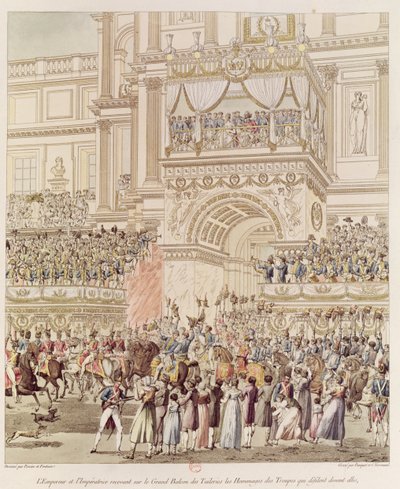 The Emperor and the Empress Receiving the Homage of the French Troops from the Balcony of the Tuileries on the Occasion of their Marriage, engraved by Charles Pierre Joseph Normand by Pierre Francois Leonard Fontaine