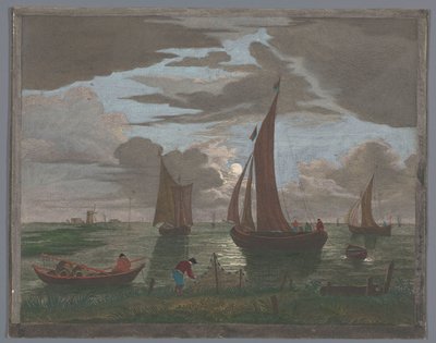 View of a Coast with Ships and Boats on the Water by Moonlight by Pierre François Basan