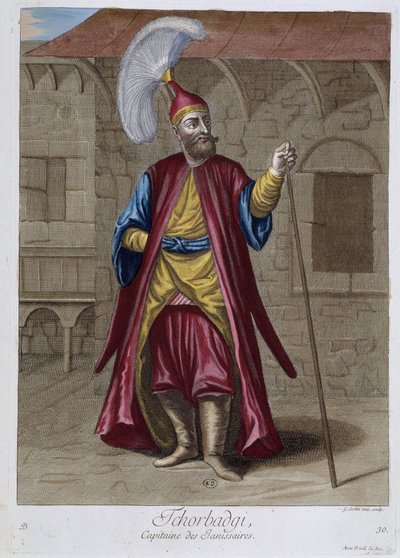 Tchorbadgi, captain of the Janissaries, “Collection of 100 prints representing different nations of the Levant in 1707 and 1708” by the orders of M. de Frriol, ambassador of the king at the Porte and updated in 1712-13 by the care of M. Le Hay, Basan by Pierre François Basan