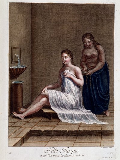 Turkish girl to whom hair is braided in the bath - in “Collection of 100 prints representing different nations of the Levant in 1707 and 1708” by orders of M. de Frriol, ambassador of the king at the Porte and updated in 1712-13 by the care of M. Le Hay by Pierre François Basan