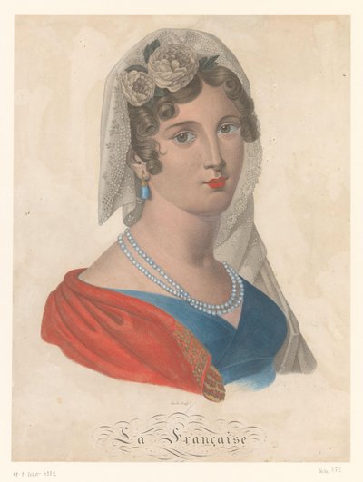 French Woman with Blue Gem Earring, White Veil, and Roses in Her Hair by Pierre François Isidore Dècle