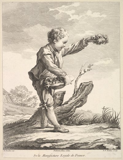 Little Boy Holding a Wreath and Basket of Flowers, from Deuxième Livre de Figures by Pierre François Tardieu