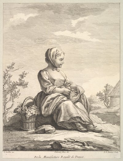 Little girl holding grapes with a basket of them by her side, from Deuxième Livre de..., after 1757 by Pierre François Tardieu