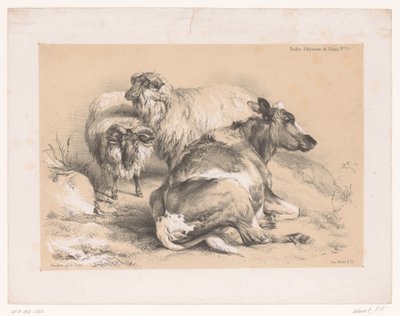 Study of Two Sheep and a Cow by Pierre Frédéric Lehnert