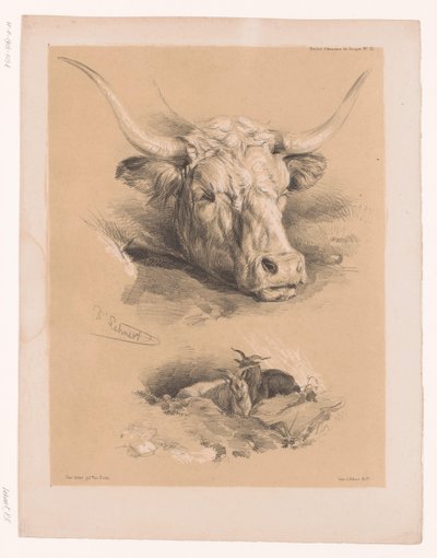 Studies of the Head of a Cow and Two Goats by Pierre Frédéric Lehnert