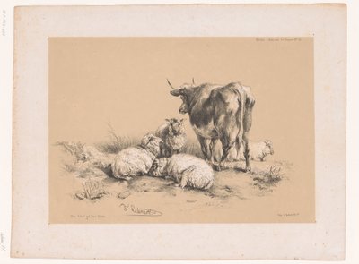 Studies of four sheep and a cow by Pierre Frédéric Lehnert