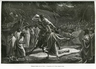 A funeral ceremony for the Todas, a small pastoral community in the Nilgiri plateau (South India), during the funeral, cattle are sacrificed. Engraving by P.Fritel, to illustrate the recital souvenirs of a voyage to the Nilgherries, by Madame Janssen, in 1 by Pierre Fritel