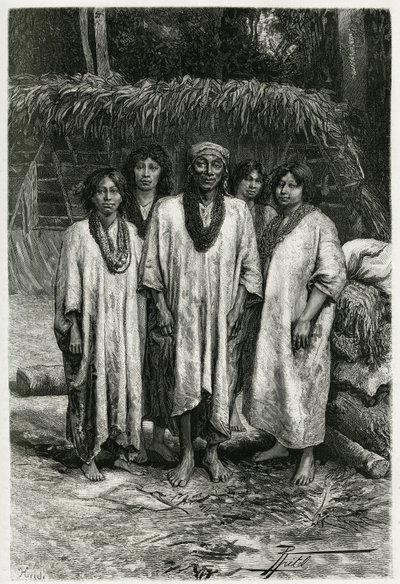 Chief Lacandon and Lacandon types, Mayan people living in the jungles of Chiapas (Mexico). Engraving by P. Fritel, to illustrate the story 