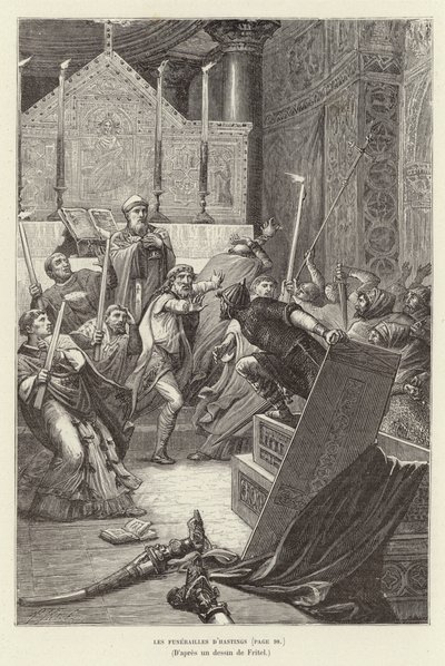 The Funerals of Hastings. Vikings attacking a French church at the funeral of their leader, Hasting, after he feigned death by Pierre Fritel