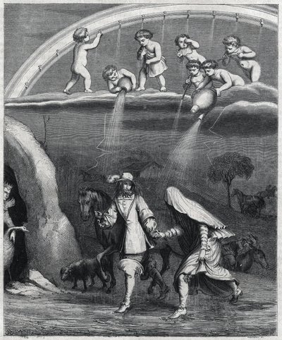 Aeneas and Dido surprised by the rain in the forest. Illustration of 