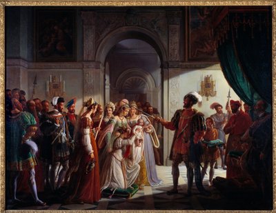 Francois I armed knight with his grandson Francois II. The young prince is accompanied by his parents Henry II and Catherine de Medici by Pierre Henri Revoil