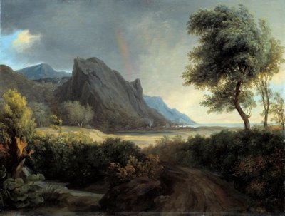 Mountainous landscape washed by the sea. Rainbow. by Pierre Henri de Valenciennes