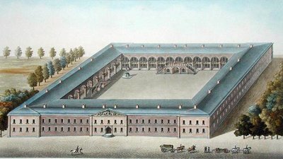 Infantry Barracks at Ypres, from Choix des Monuments, Edifices et Maisons les plus remarquables du Royaume des Pays-Bas by Pierre Jacques Goetghebuer, engraved W. Lobry, published 1827 by Pierre Jacques (after) Goetghebuer