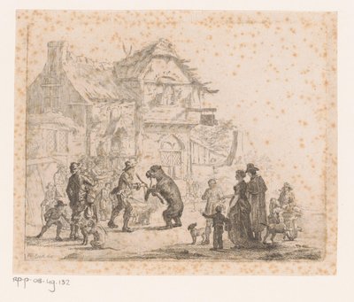 Dancing Bear with Handler in Front of an Inn, Also a Monkey in the Foreground by Pierre Jean Baptiste Leroy