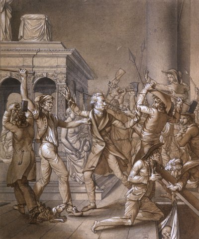 Alexandre Lenoir opposed to the revolutionaries when they want to destroy the grave of French King Louis XII at the Saint Denis royal basilica in 1793, at the time of the French Revolution by Pierre Joseph Lafontaine