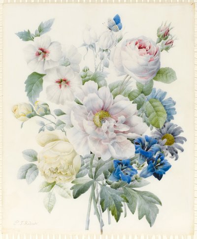 A Bunch of Flowers including a Peony, Roses, Hibiscus, Asters, Gentian and an Imaginary Blue Butterfly by Pierre Joseph Redouté