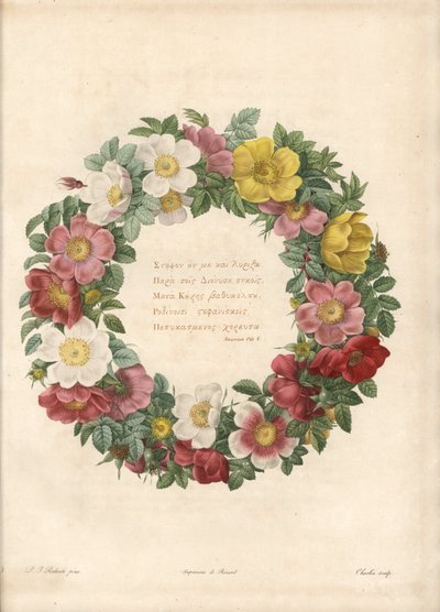 Crown of Roses with a Greek Motto - Engraving by Charlin, After an Illustration by Pierre Joseph Redoute, from Les Roses by Pierre Joseph Redouté