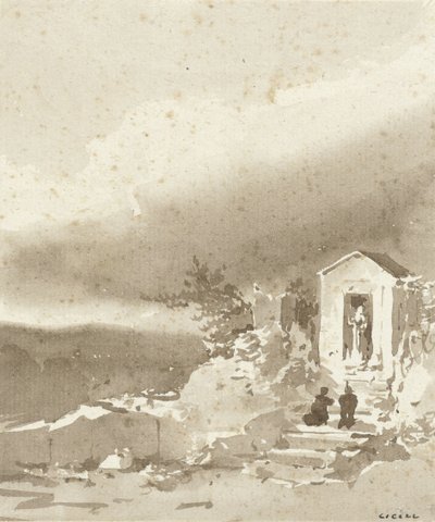 Two Kneeling Figures on the Steps of a Chapel in the Mountains by Pierre Luc Charles Ciceri