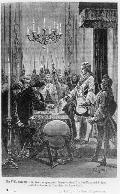 In 1747, the Companions are told, the pretender Charles-Edward Stuart established a Chapter of the Rose Cross in Arras, illustration from 