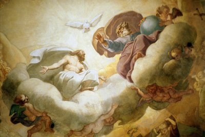 Detail of the painting of the interior of the dome depicting the Holy Trinity by Pierre Mignard