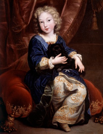 Portrait of Philippe of France, Duke of Anjou (Future Philip V of Spain) Depicts Child with His Black Dog by Pierre Mignard