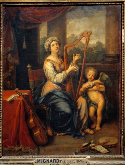 Saint Cecile singing the praises of the Lord. The saint plays the harp and is surrounded by instruments. Painting by Pierre Mignard (1612-1695) by Pierre Mignard