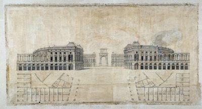 Architecture: Project of Place Royale for Marseille, perspective looking at the harbour and floor plan by Pierre Puget