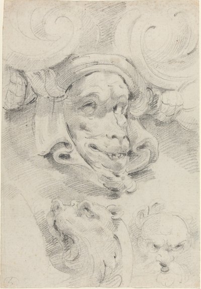 Ornamental Sketches with Grotesque Masks by Pierre Puget