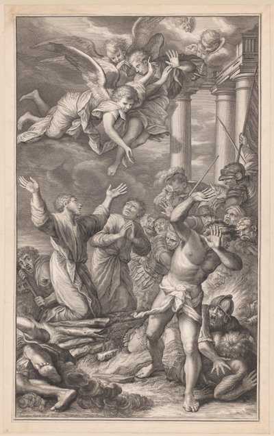Cosmas and Damian on the Pyre, Surrounded by Soldiers and Angels by Pierre Simon (I)