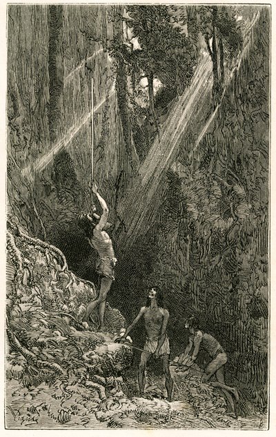 Suno Indians, from the banks of the Napo River (Amazon), hunting by blowpipe. Engraving by Vignal, to illustrate the story 