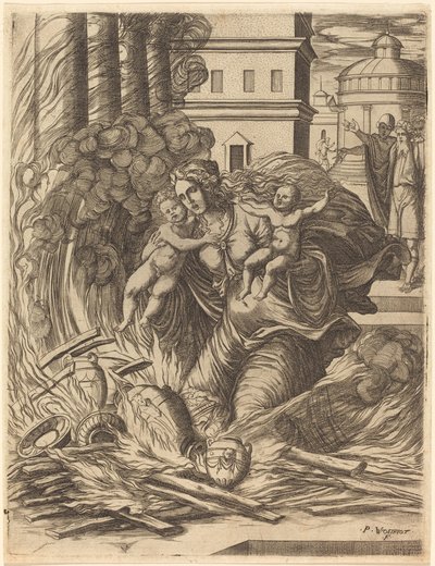 The Wife of Hasdrubal Throws Herself on the Fire by Pierre Woeiriot