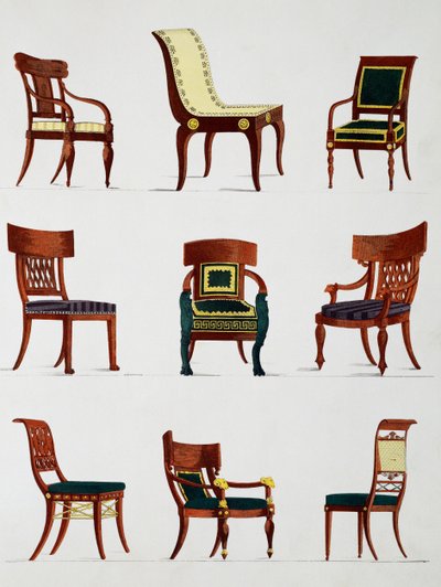 Armchairs and chairs, Consulate era, Illustration from Collection of furniture and objects of taste by Pierre de La Mesangere