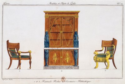 Armchairs and library writing desk, plate 12, illustration from Collection of furniture and objects of taste by Pierre de La Mesangere