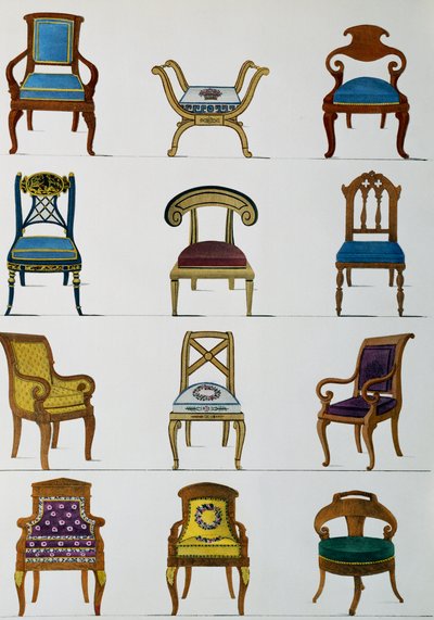 Armchairs, chairs and footstools, Illustration from Collection of furniture and objects of taste by Pierre de La Mesangere