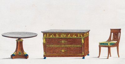 Mahogany table, chest of drawers and chair, plate 241, illustration from Collection of furniture and objects of taste by Pierre de La Mesangere