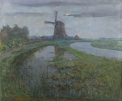 Oostzijdse Mill along the River Gein by Moonlight by Piet Mondriaan (signed by artist)