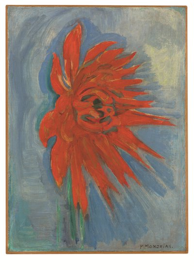Red Chrysanthemum on Blue Background by Piet Mondrian