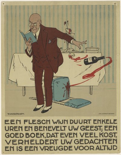 Reading Man Accidentally Knocks a Bottle and Glass of Wine from the Table (Campaign to Promote the Book) by Piet van der Hem