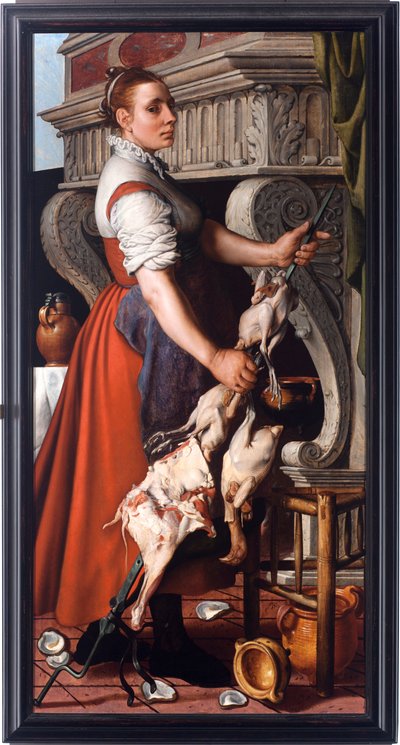 The Cooker. Young Woman Embroidering Poultry on a Fireplace Spit (Painting by Pieter Aertsen) by Pieter Aertsen