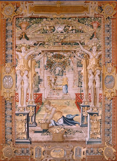 Flemish tapestry. Series Vertumnus and Pomona. Vertumnus transformed into a farmer. Central part of the lower border we see an episode about the loves of Jupiter: Danaë. Second tapestry in the series. Model Circle of Pieter Coecke van Aelst. Manufacture Wi by Pieter (circle of) Coecke van Aelst