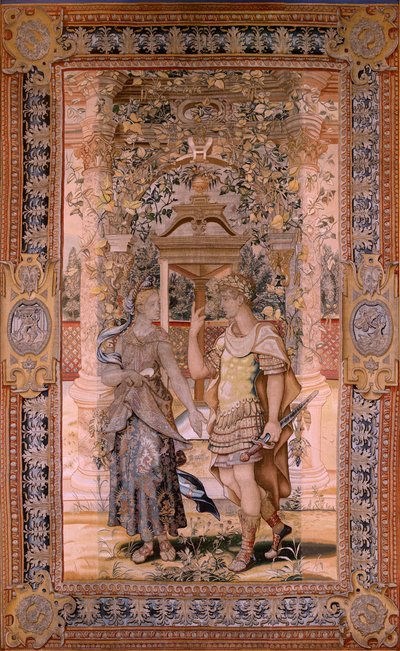 Flemish Tapestry. Series Vertumnus and Pomona. Vertumnus Transformed into a Warrior. Fourth Tapestry in the Series. Model Circle of Pieter Coecke van Aelst. Manufacture Wilhelm Pannemaker, Brussels. Ca1545-1550. Fabric Gold, Silver, Silk and Wool. by Pieter (circle of) Coecke van Aelst