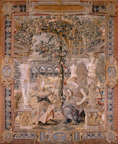 Flemish tapestry. Series Vertumnus and Pomona. Vertumnus transformed into an old woman. Sixth tapestry in the series. Model Circle of Pieter Coecke van Aelst. Manufacture Wilhelm Pannemaker, Brussels. Ca1545-1550 by Pieter (circle of) Coecke van Aelst