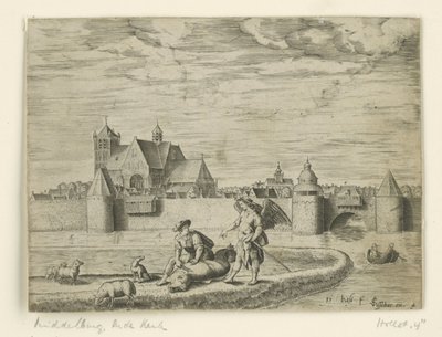 Tobias and the Angel; in the Background the Old Church in Middelburg (Landscapes with Biblical Scenes) by Pieter Bast