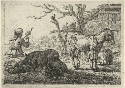 Spinning Woman, Pigs, and Donkeys (Various Animals) by Pieter Bodding van Laer