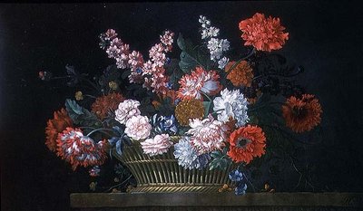 Still Life of Carnations, Stocks, Peonies, Convolvulus and Other Flowers in a Basket Resting on a Stone Ledge by Pieter Casteels
