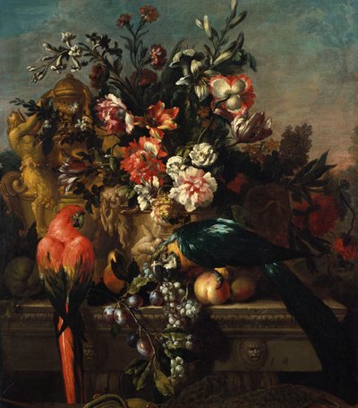 Carnations and other flowers with parrots on a pedestal by Pieter Casteels