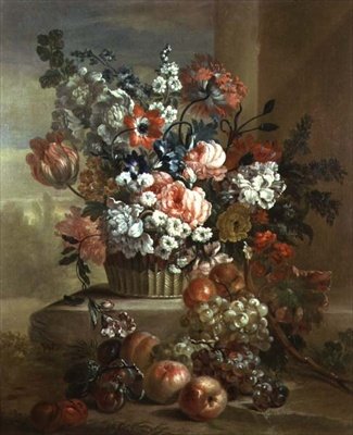 Still life of a basket of flowers and fruit by Pieter Casteels