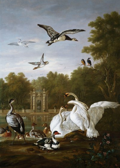 Swans, ducks and other birds in a park by Pieter Casteels