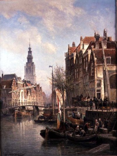 Street Scene on a Canal by Pieter Christiaan Cornelis Dommelshuizen